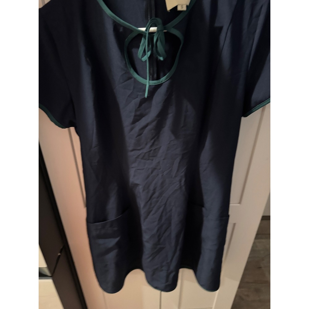 Byrdie Golf Social Wear Navy Blue Green Trim Keyhole Tie Shift Dress Womens S